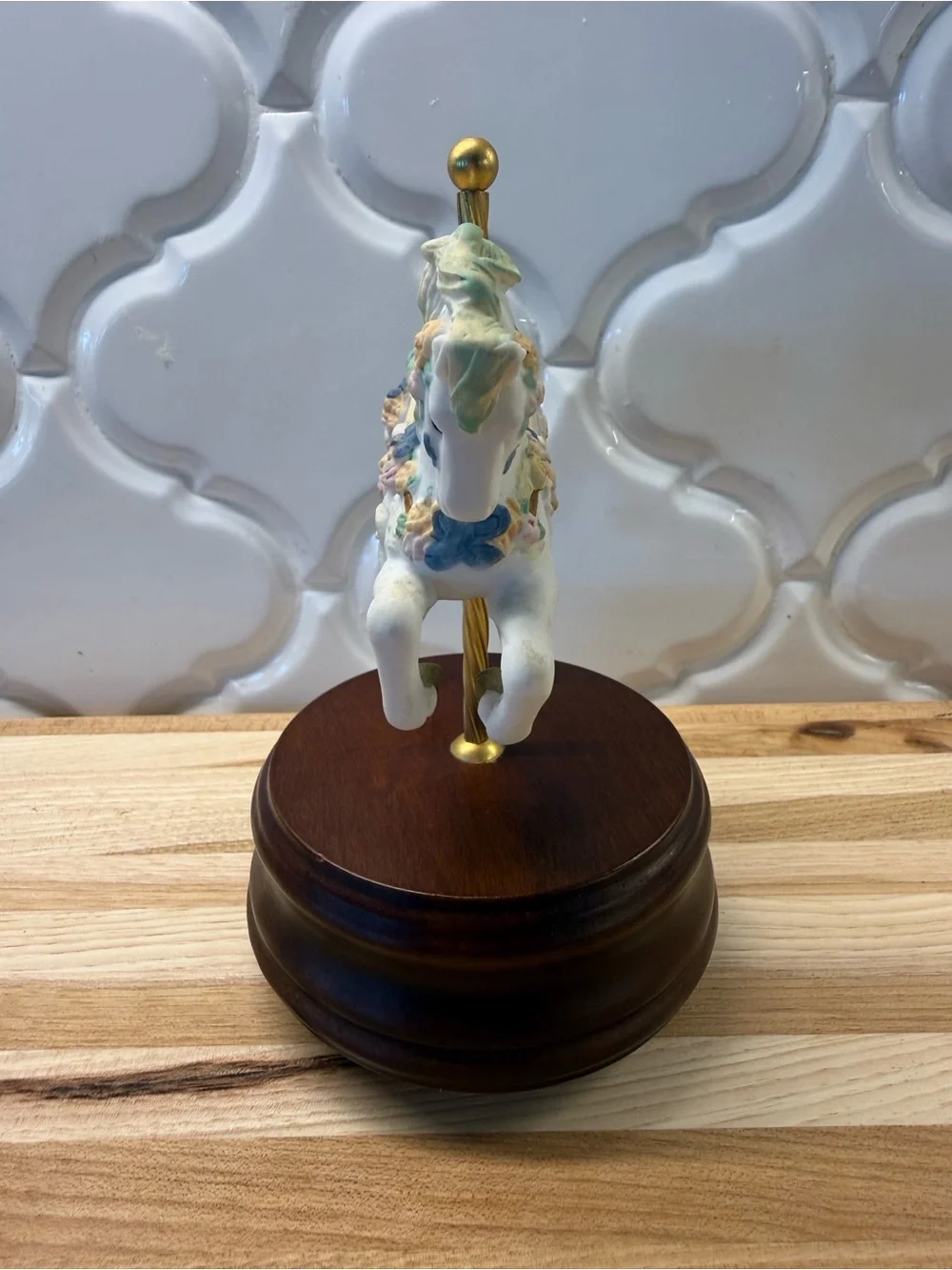 Vintage Porcelain Carousel Horse Music Box Wind Up Plays The Carousel Waltz